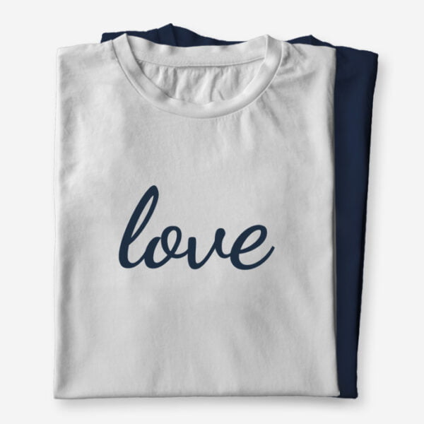 Moška ali ženska majica s kratkimi rokavi z minimalističnim napisom Love, s kvalitetnim tiskom na majice v beli ali modri barvi.
