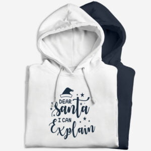 Pulover s kapuco s smešnim napisom Dear Santa I can explain bele ali modre barve, primeren za darilo za Božička.