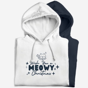 Božični pulover s smešnim napisom We wish you a meowy Christmas in potiskom mačke, bele ali modre barve, moški ali ženski pulover s kapuco in kenguru žepom, primeren kot božično darilo za ljubitelje mačk.