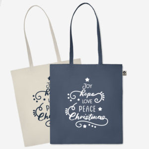Eko vrečka z napisom Joy hope love Christmas je okolju prijazna vrečka s preprostim, a simpatičnim potiskom, primerna za različna opravila ali pa kot darilo za Božička, darilo za novo leto.
