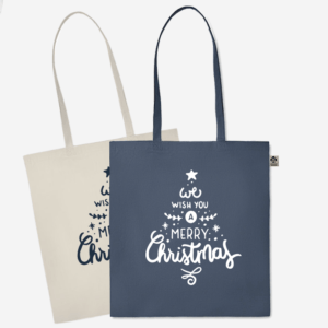 Vrečka iz ekološkega bombaža z napisom We wish you a merry christmas v beli ali modri barvi, primerna za darilo za božička.