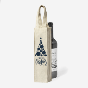 Vrečka za vino iz organskega bombaža naravne bež barve z božičnim motivom novoletne jelke je primerna kot darilo za Božička ali darilo za novo leto.