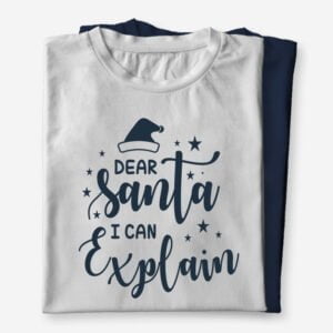 Smešna majica z napisom Dear Santa I can Explain v beli in modri barv, primerna za božični čas ali kot darilo za Božička.