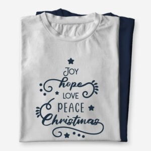 Majica s kratkimi rokavi z napisom Joy hope love peace Christmas iz 100% bombaža v modri in beli barvi primerna kot darilo za božič.