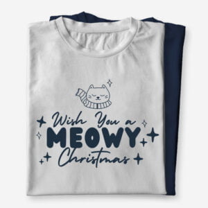 Smešna majica z napisom We wish you a meowy christmas in motivom mačke, kratka majica v beli ali modri barvi, primerna kot darilo za Božička za ljubitelje mačk.