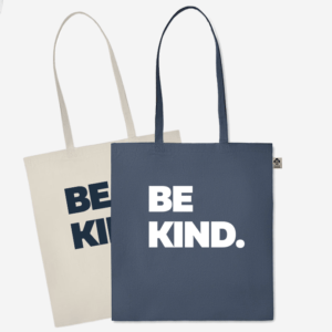 Vrečka iz ekološkega bombaža z napisom Be kind v beli ali modri barvi, primerna za darilo za božič, darilo za novo leto ali darilo za rojstni dan.