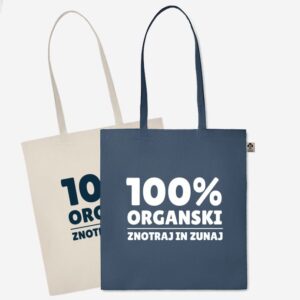Vrečka z napisom "100 % organski znotraj in zunaj", narejena iz organskega bombaža – popolna za eko nakupovanje!