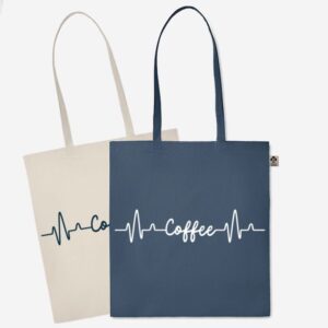 Eko vrečka s potiskom srčnega utripa in besedo "Coffee" – za vse prave ljubitelje kave. Izdelana iz 100 % organskega bombaža.
